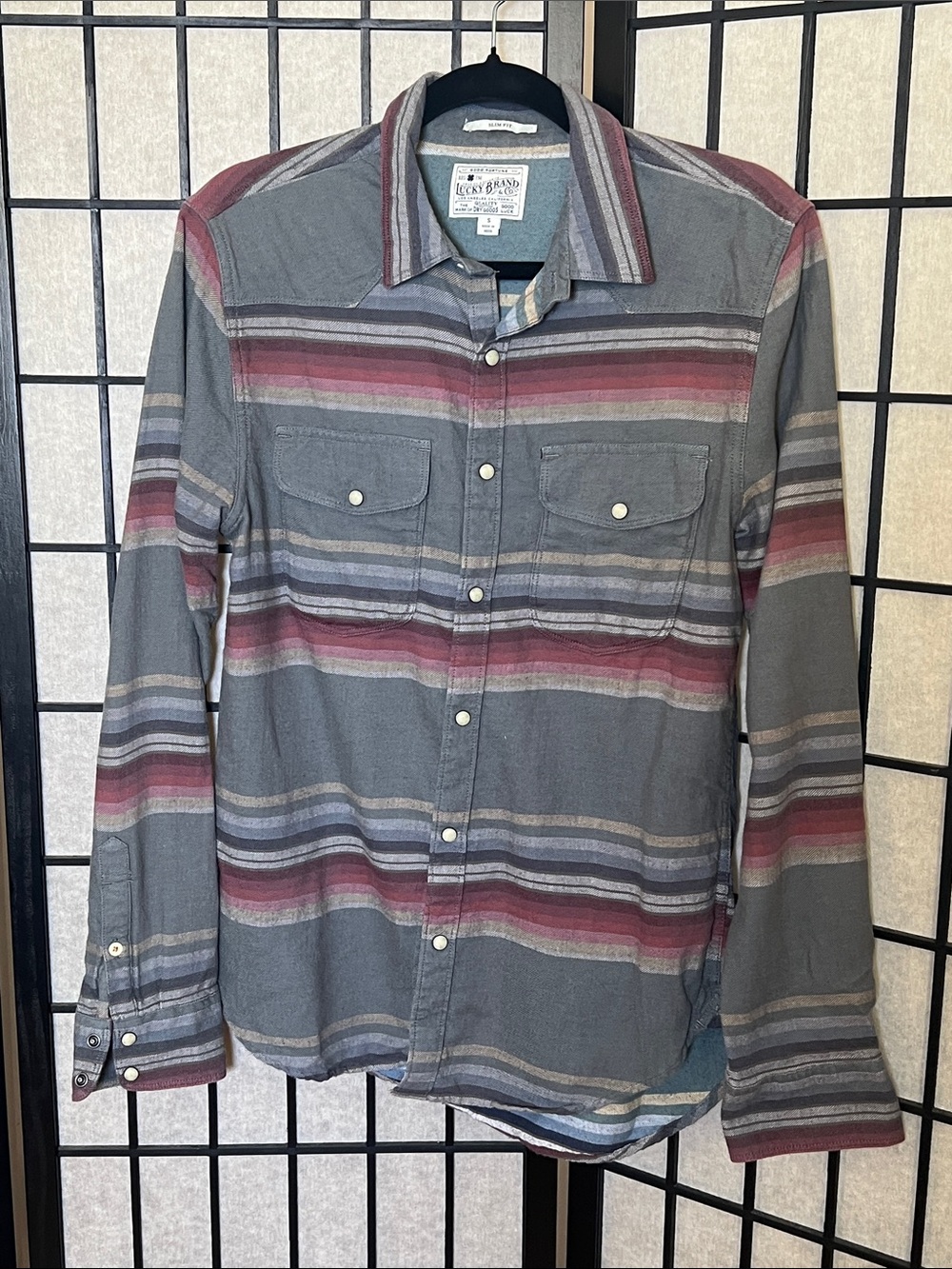 Lucky Brand Gray & Maroon Striped Casual Button-Down Shirt